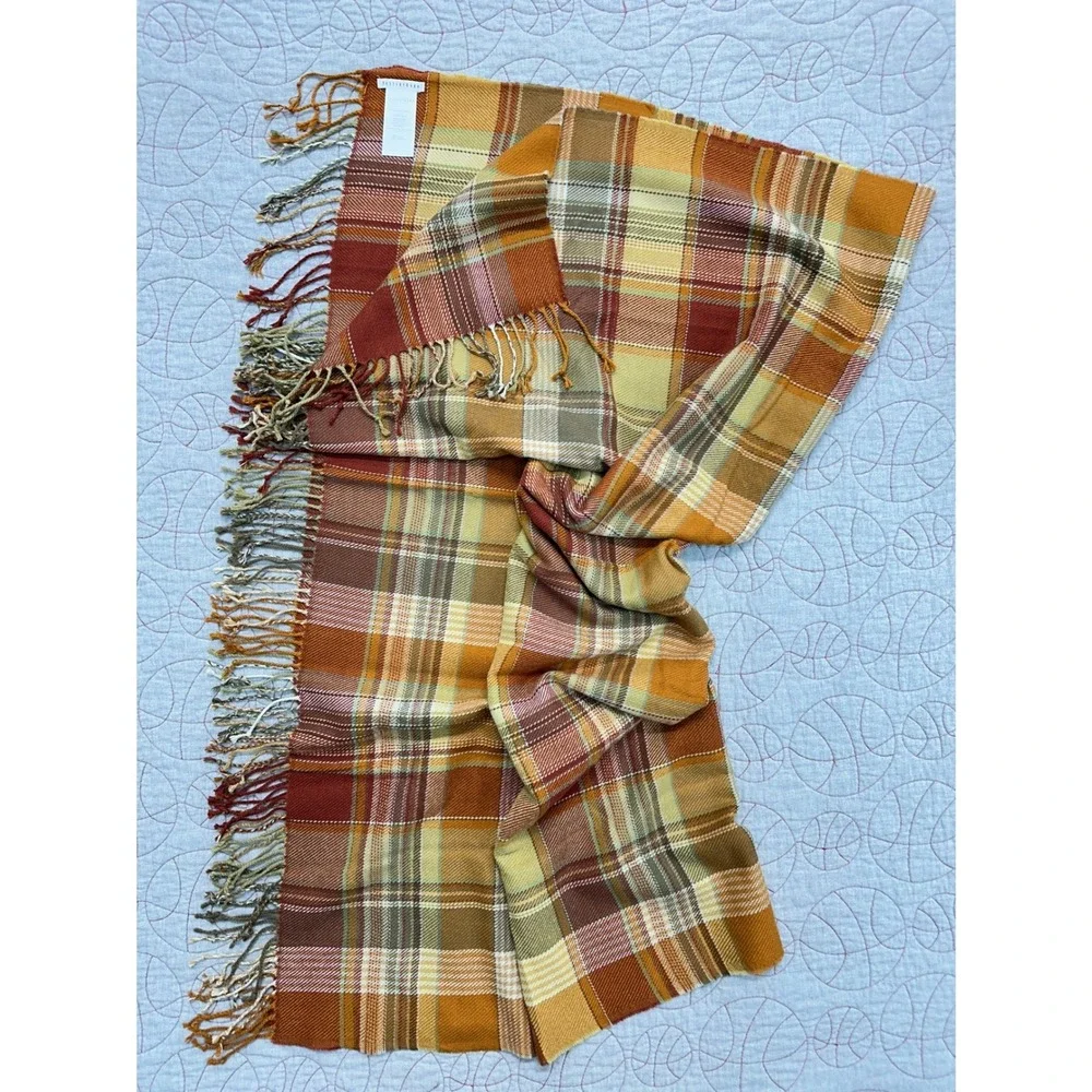 Pottery Barn Throw Blanket Orange Plaid Fringed 50